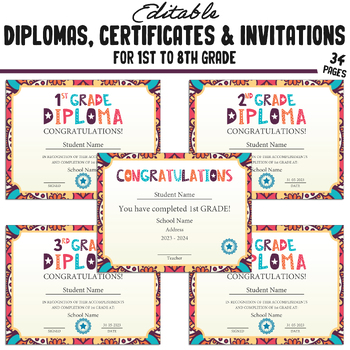Preview of Editable 8th Grade Diplomas, 1st-8th Grade Certificates and Invitation Templates