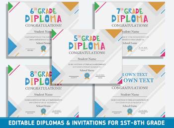 Preview of Editable 8th Grade Graduation, 1st-8th Grade Diploma, Completion, Invitation