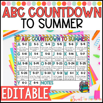 Preview of Editable ABC Countdown to Summer Activity Calendar plus Writing Pages