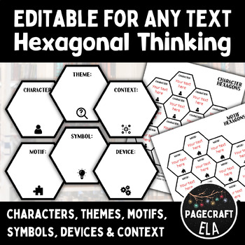 Preview of Editable ANY TEXT Hexagonal Thinking Diagram | Character, Theme, Context, Motif