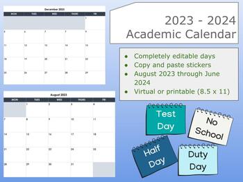 Preview of Editable Academic Calendar 2023 - 2024