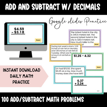 Preview of Add and Subtract with Decimals Review Math Practice (Editable)