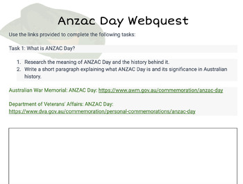 Preview of Editable Anzac Day Webquest 