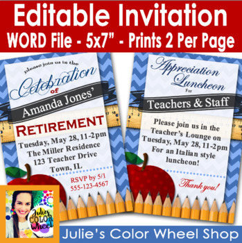 Preview of Editable Teacher Administrator or Staff Retirement Invitation for WORD