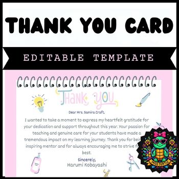 Preview of Editable Appreciation Handwritten ‘Thank You’ Card for Teacher - End of year