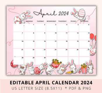 Preview of Editable April Calendar 2024, Easter Calendar Printable, Digital Planner