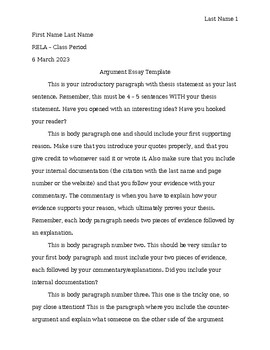Preview of Argument Essay Template  (Editable and Fillable resource)
