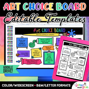 Preview of Editable Art Choice Board Templates, Printable Art Worksheets, Drawing Prompts