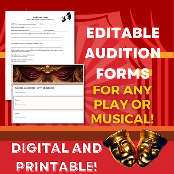 Preview of Editable Audition Forms for Any School Play or Musical - Digital and Printable