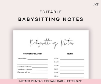 Preview of Editable Babysitting Notes | Caregiver, Caregiver, Nanny, Babysitter, Date-Night