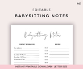 Editable Babysitting Notes | Caregiver, Caregiver, Nanny, 