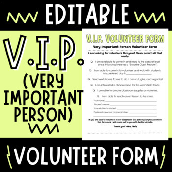 Preview of Editable Back To School V.I.P. Guest Reader Parent Volunteer Form