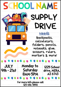 Preview of Editable Back to School Supply Drive Flyer
