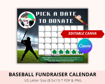 Preview of Editable Baseball Pick a Date to Donate, Fundraiser Calendar, Sponsor, Canva