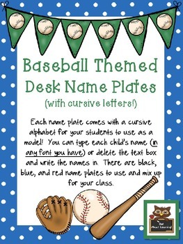 Preview of Editable Baseball & Polka Dot Themed Cursive Name Desk Plates