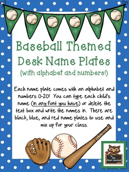 Preview of Editable Baseball Themed Desk Name Plates With Alphabet and Numbers 0 - 20