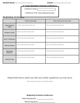 Preview of Editable Beginning Orchestra Parent Teacher Conference Form