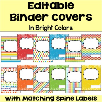 Preview of Editable Binder Covers with Matching Spine Labels | Bright Colors