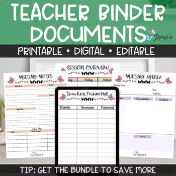 Preview of Editable Binder Documents for Teacher Binder and Planner | Butterfly