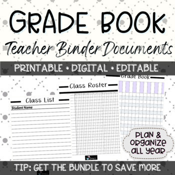 Preview of Editable Binder Documents for Teacher Binder and Planner | Grade Book