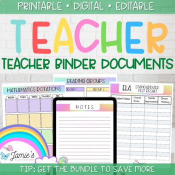 Preview of Editable Binder Documents for Teacher Binder and Planner | Rainbow 