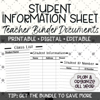 Preview of Editable Binder Documents for Teacher Binder and Planner | Student Information
