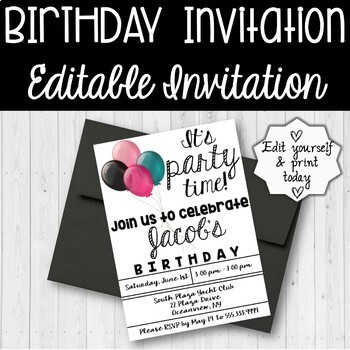 Editable Birthday Invitation by Thriving Teacher Inc | TPT