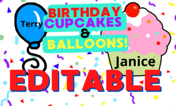Preview of EDITABLE BUNDLE COLLECTIONS! Birthday Party Classroom Cupcakes Balloons Boarders