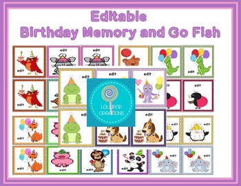 Editable Birthday Party Memory and Go Fish Game 15 Pairs by