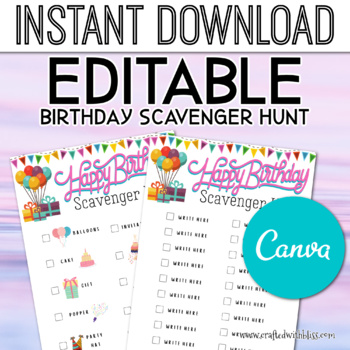 Editable Birthday Scavenger Hunt Worksheet Canva Template, Birthday Games