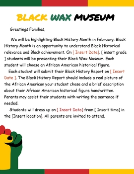 Preview of Editable Black Wax Museum Parent Letter 