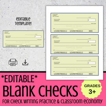 Preview of Editable Blank Check Template | Printable Blank Checkbook for Check Writing