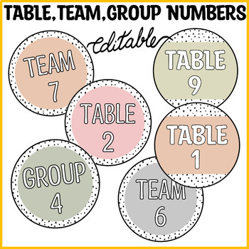 Preview of Editable Boho Neutral Spotty Table, Team and Group Labels, Table Numbers