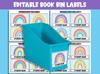 Preview of Editable Boho Rainbow Book Bin Labels: 16 Customizable Designs for Classroom