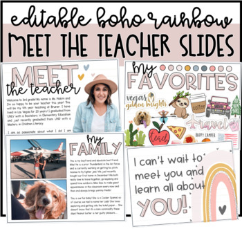 Preview of Editable Boho Rainbow Meet the Teacher Digital Slides