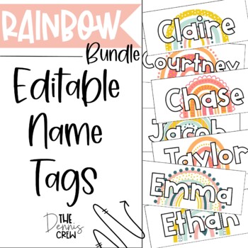 Preview of Editable Boho Rainbow Name Tags Bundle
