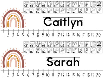 Preview of Editable Boho Rainbow Name tags Alphabet Number Line - Canva Required