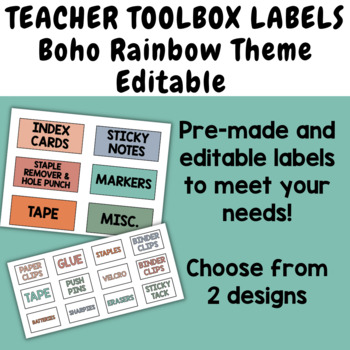 Preview of Editable Boho Rainbow Teacher Toolbox Labels