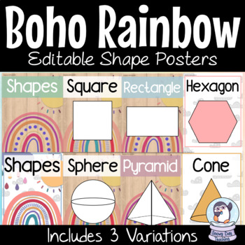 Preview of Editable Boho Rainbow and Clouds 2D and 3D Shapes Posters