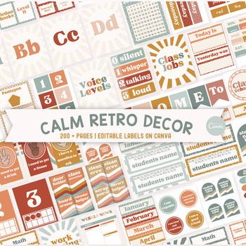 Preview of Editable Boho Retro Class Decor Bundle | Calm Colors Class Theme