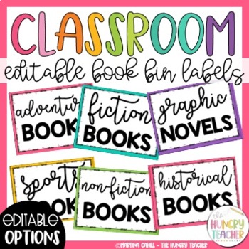 Preview of Editable Book Bin Labels for Classroom Library | Rainbow Colorful Labels