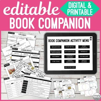 Preview of Editable Book Companion for Any Book : Digital & Printable : Teletherapy or iPad