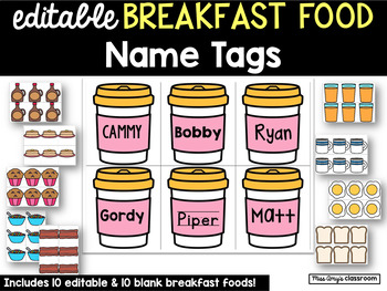 Preview of Editable Breakfast Food Name Tags for Desks, Lockers, Bulletin Boards, Gift Tags