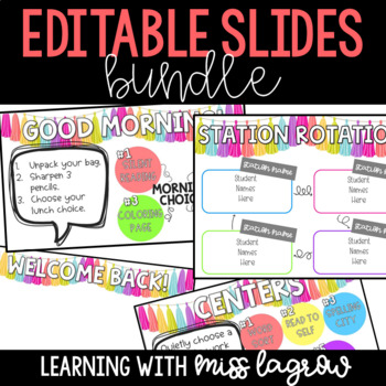 Preview of Editable Bright Colorful Slides Morning, Centers, & Station Rotation BUNDLE