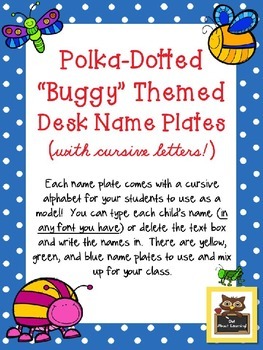 Preview of Editable Bug/Insect and Polka Dot Desk Name Plates with Cursive Letters