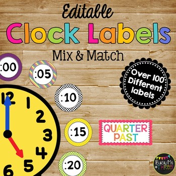 Preview of CLOCK LABELS in Primary | Bright | Basic Black and White Colors | EDITABLE