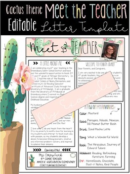 Preview of Editable Cactus Theme Meet the Teacher Letter Template