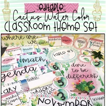 Preview of Cactus Water Color Classroom Theme Set {Editable}