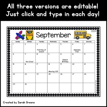 Editable Calendar 2023-2024 by A Sunny Day in First Grade | TPT