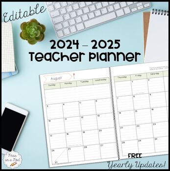 Preview of Blank Editable Monthly Calendar 2024 2025 Teacher Planner Printable Digital June